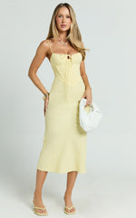 Linen Scoop Neck Ruched Bust Corset Waist Bias Skirt Dress in Lemon