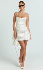 Scoop Neck Panel Bodice Dress in White Polka Dot