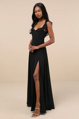 Dreamy Admiration Black Ruffled Maxi Dress