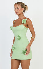 3D Floral Strappy Dress in Apple Green