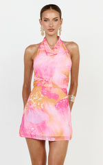 Halter Cowl Neck Dress in Hot House Orchid Print