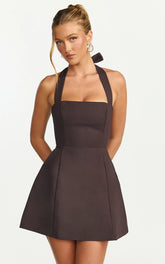 Halter Neck Tie Tulip Skirt Dress in Chocolate