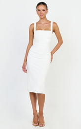 Square Neck Ruched Bodycon Dress in White
