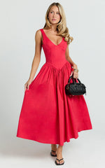 Scoop Neck Drop V Waist Gathered Skirt Dress in Red