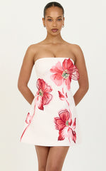 Strapless Floral Print Embroidered Dress in Water Colour Poppy Print