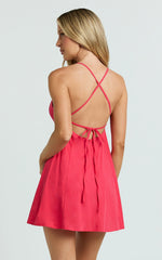 V Neck Bow Front Baby Doll Mini Dress in Red