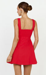 Linen Square Neck Shirred Back A Line Dress in Red