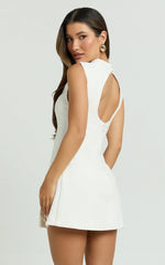 Sleeveless High Neck Faux Wrap Tulip Dress in Cream