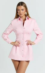 Button Front Pleat Waist Tulip Skirt Shirtdress in Pink
