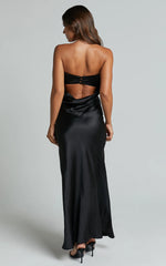Strapless Cowl Back Satin Dress in Black