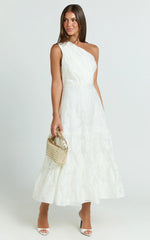 One Shoulder Pleated Tiered Dress in White