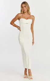 Scallop Edge Front Split Column Dress in Off White