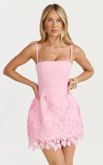 Strapless Broderie Cut Out Border Hem Dress in Pink