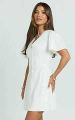 Flutter Sleeve Button Through Dress in White