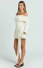 Knitted Off Shoulder Tie Waist Mini Dress in Cream