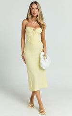 Linen Scoop Neck Ruched Bust Corset Waist Bias Skirt Dress in Lemon