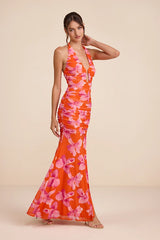 Fiametta Orange and Pink Floral Ruched Maxi Dress