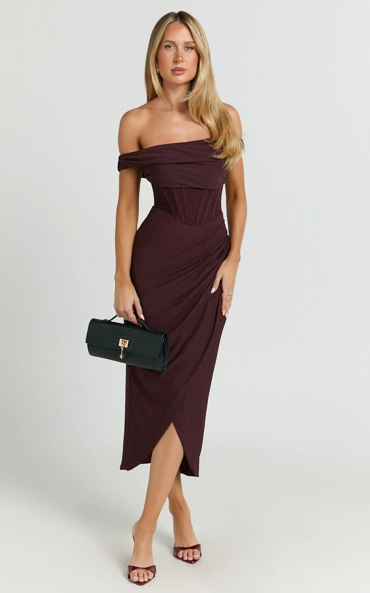 Off Shoulder Draped Corset Dress in Burgundy
