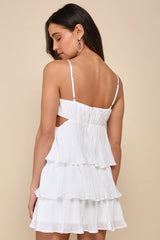 Sleek Dedication White Satin Plisse Cutout Tiered Mini Dress