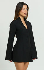 V Neck Long Sleeve Button Front Tulip Skirt Dress in Black