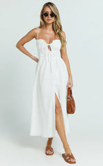 Ruched Button Up Front Dress in White