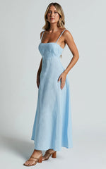 Linen Straight Neck Strappy Fit And Flare Dress in Blue