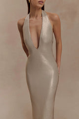 Carnation Sequin Halter Midi Dress - Gold