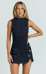Denim Button Wrap Front Skirt Dress in Dark Blue Wash