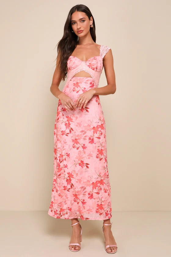 Endlessly Cute Pink Floral Mesh Cutout Lace Bustier Maxi Dress