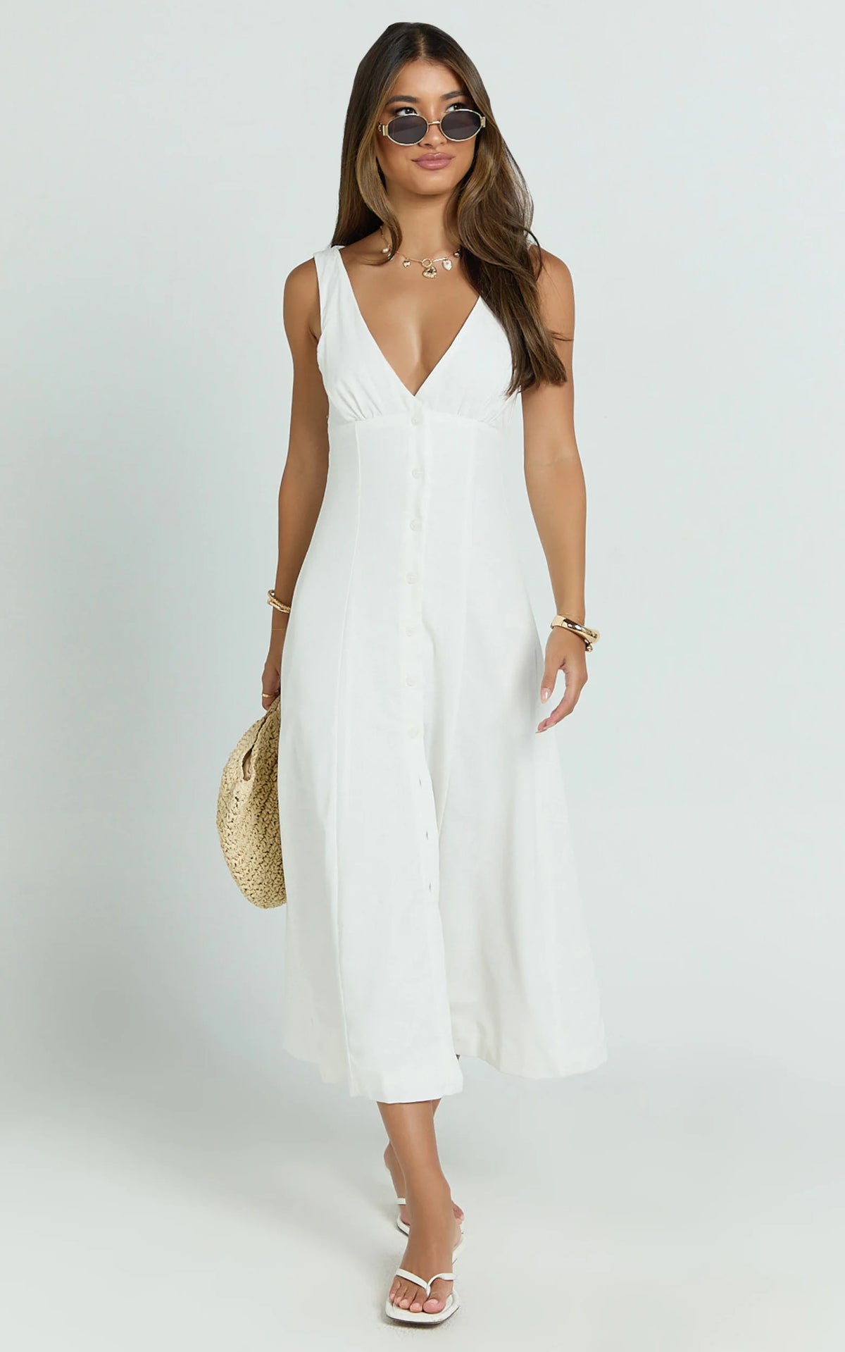V Neck Sleeveless Under Bust Seam Circular Skirt Dress in White