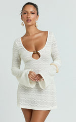 Beaded Keyhole Neckline Long Sleeve Dress in Ivory