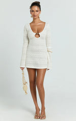 Beaded Keyhole Neckline Long Sleeve Dress in Ivory