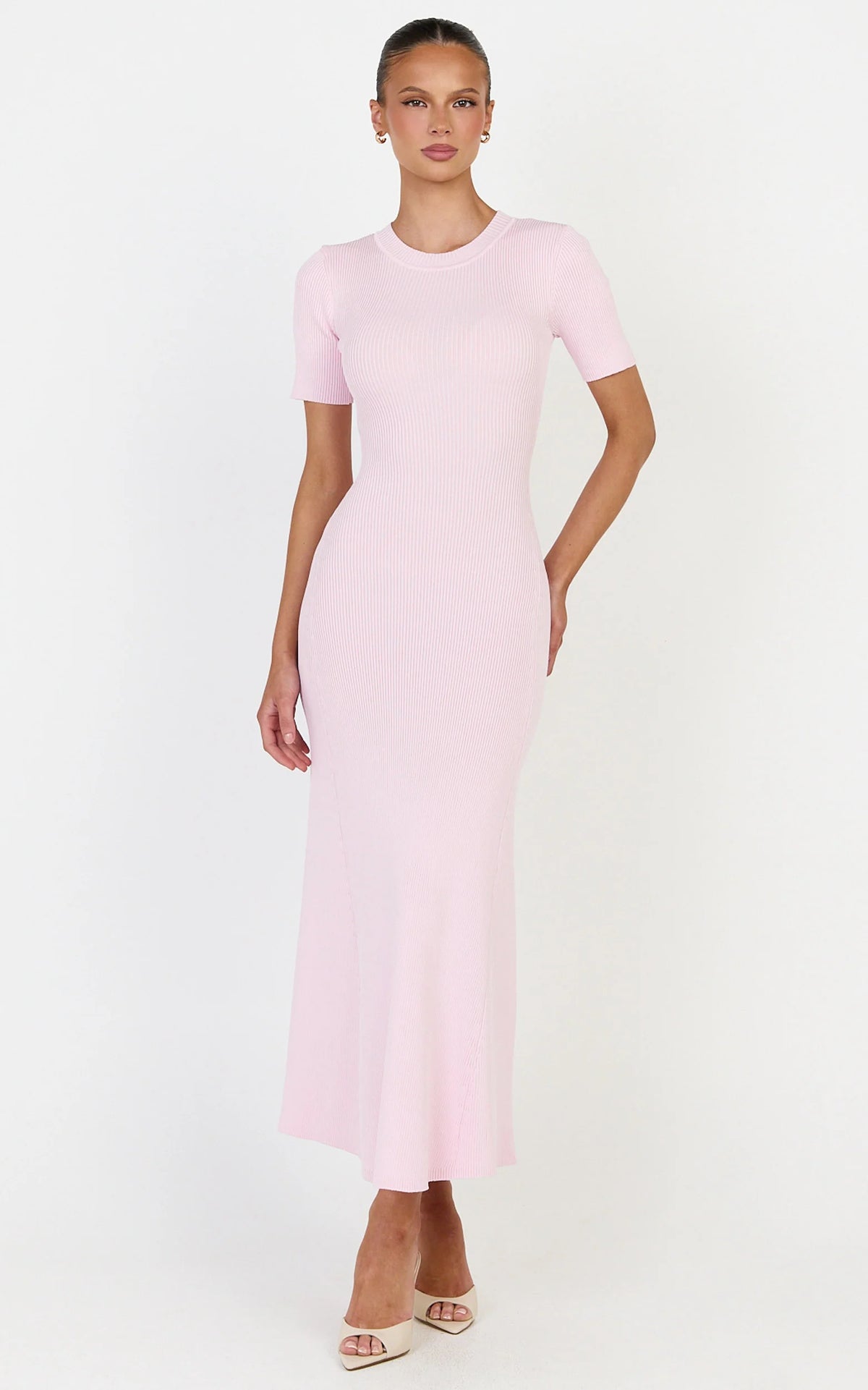 Knitted Crew Neck Short Sleeve Dress in Pink