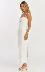 Scallop Edge Front Split Column Dress in Off White