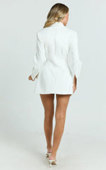 Button Front Pleat Waist Tulip Skirt Shirtdress in White