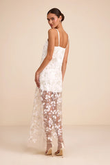 Cassie White Sequin Embroidered Sheer Hem Maxi Dress