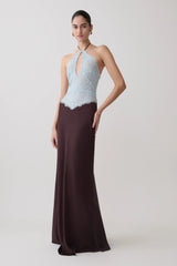 Sascha Lace And Satin Halter Maxi Dress - Ice Blue/Chocolate