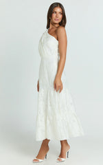 One Shoulder Pleated Tiered Dress in White