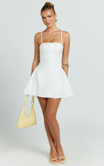 Button Down Ruched Front Fit And Flare Dress in Off White