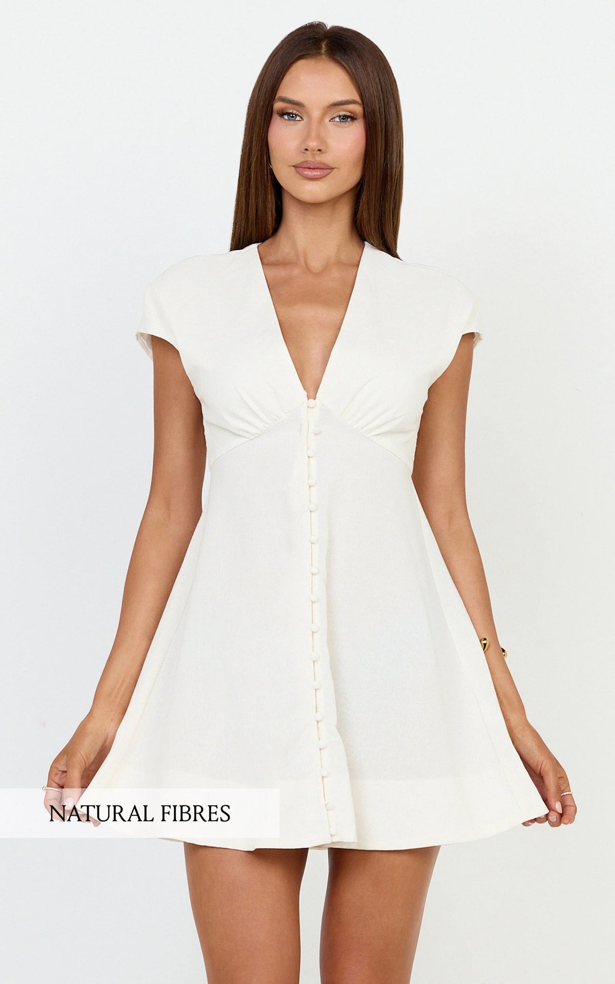Linen V Neck A Line Dress in White