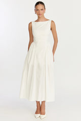 Boat Neck Tie Back Fit And Flare Dress in Off White
