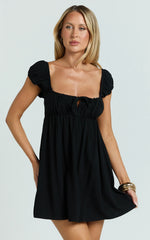 Puff Sleeve Front Tie Babydoll Dress in Black
