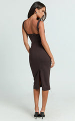 Square Neck Ruched Bodycon Dress in Chocolate