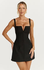Plunge V Neck A Line Dress in Black