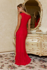 Dazzling Dreams Off Shoulder Mesh Maxi Dress Red