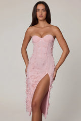 Lace-Up Corset Midaxi Dress with Split in Soft Pink