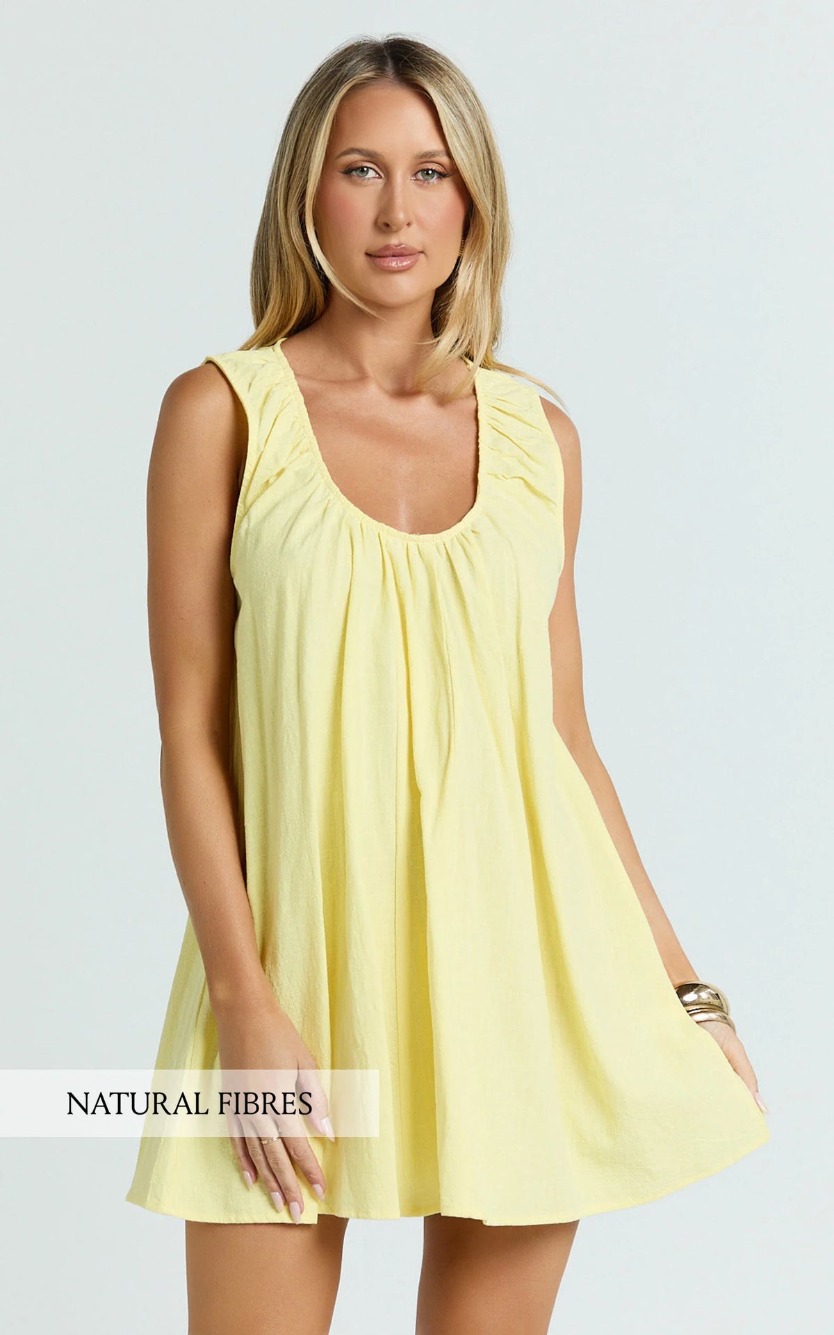 Deep U Gathered Neck Smock Dress in Lemon
