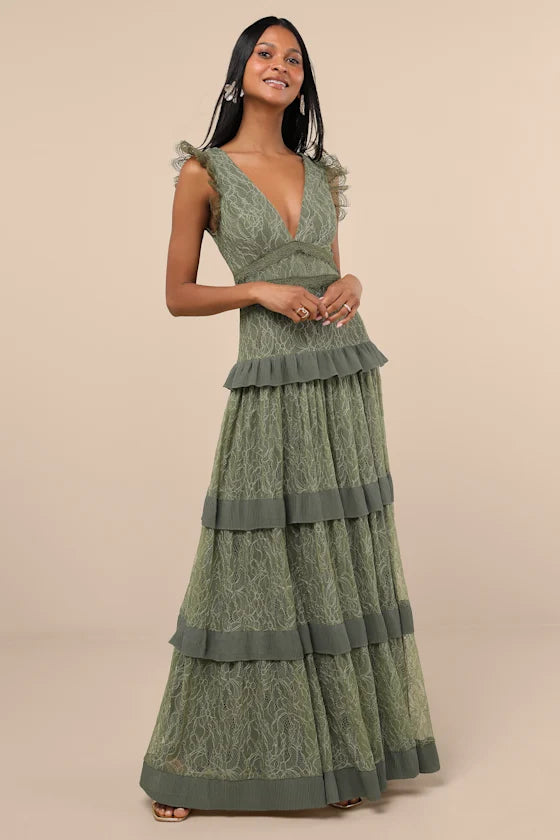 Marvelous Darling Olive Lace Ruffled Tiered Maxi Dress