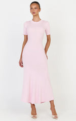 Knitted Crew Neck Short Sleeve Dress in Pink