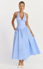 Plunge Fit And Flare Dress in Cornflower Blue